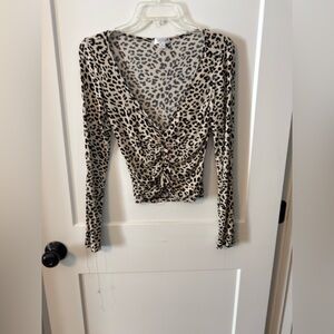 Chic Leopard Print V-Neck Long Sleeve Top